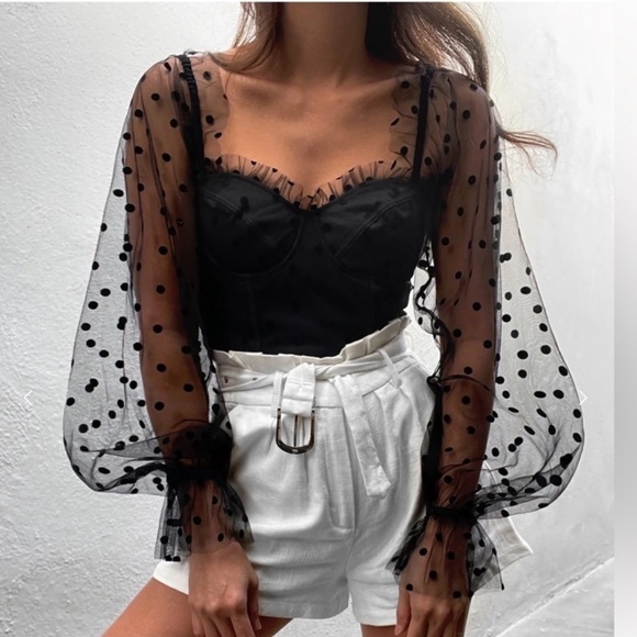 RNWY Sheer Polka Dot Crop Bustier Corset back zip Top | Chloe in Black Spot - Picture 2 of 11